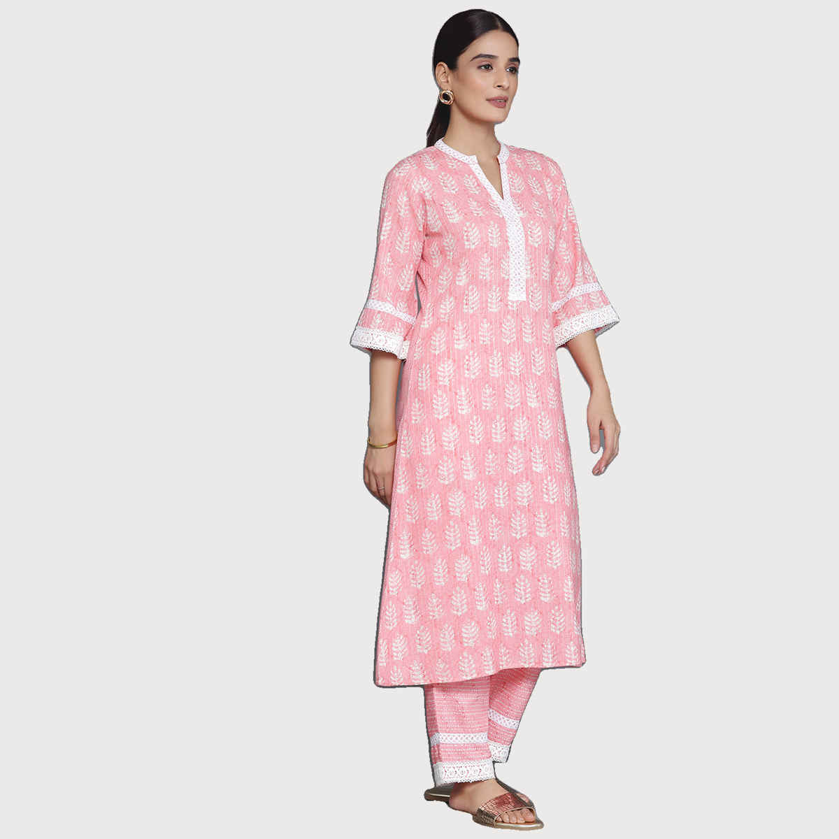 Libas Women's Printed Cotton Blend A-Line Kurta with Trousers | Peach - M