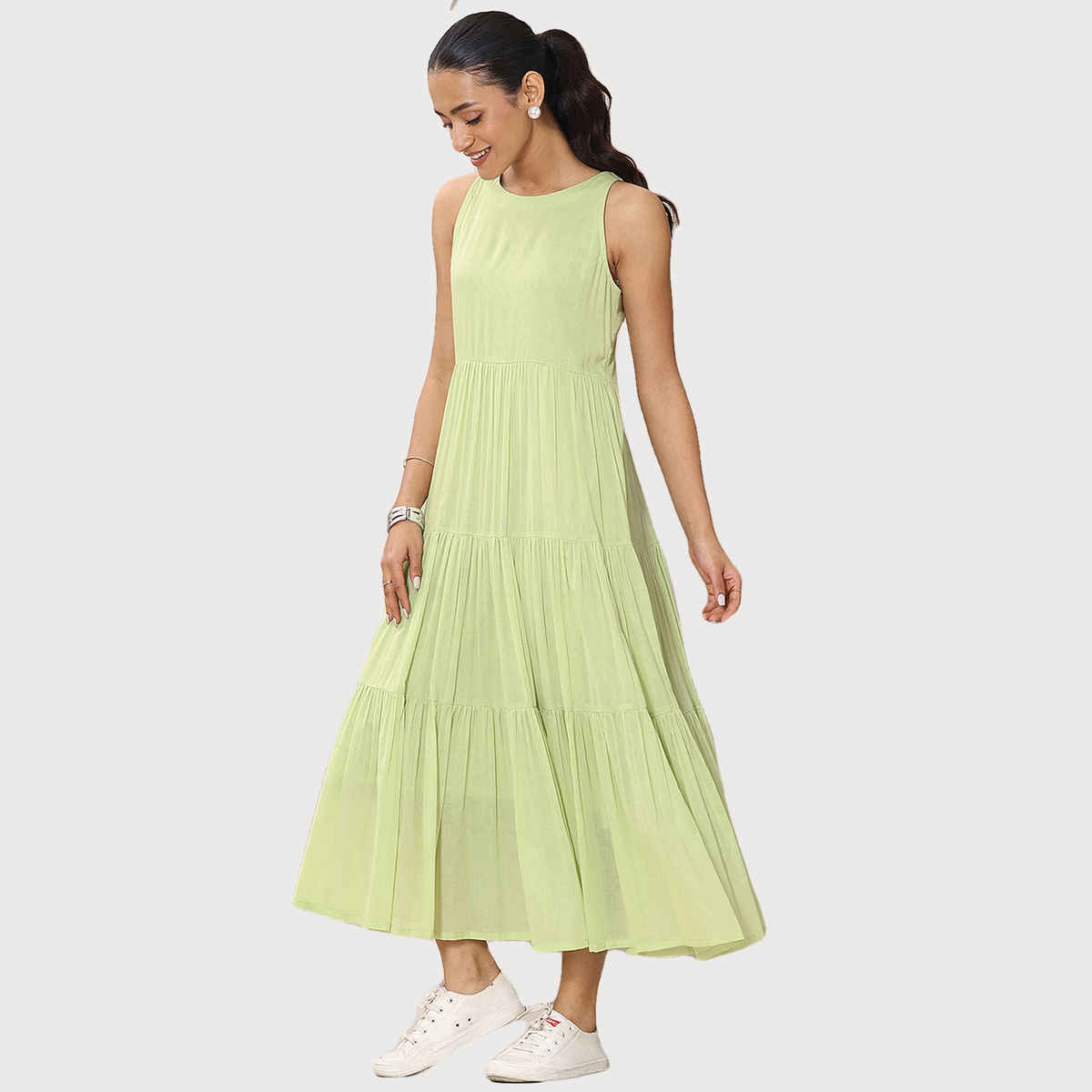 Libas Women's Solid Cotton Fit and Flare One Piece Dress | Green - L
