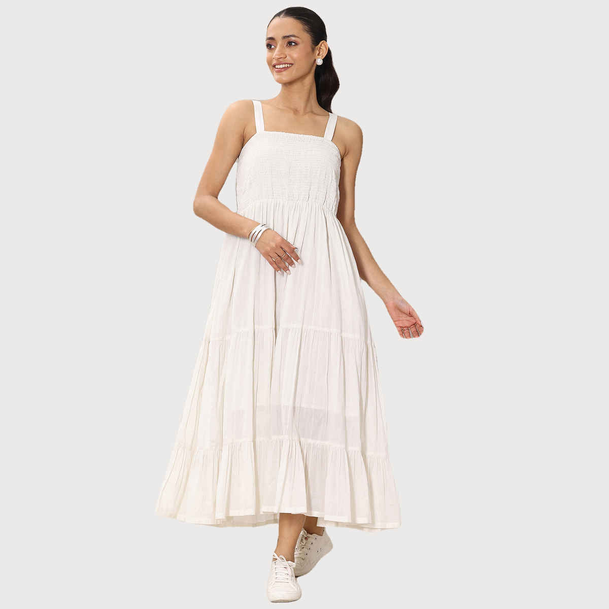 Libas Women's Solid Cotton Fit and Flare One Piece Dress | Off White - M