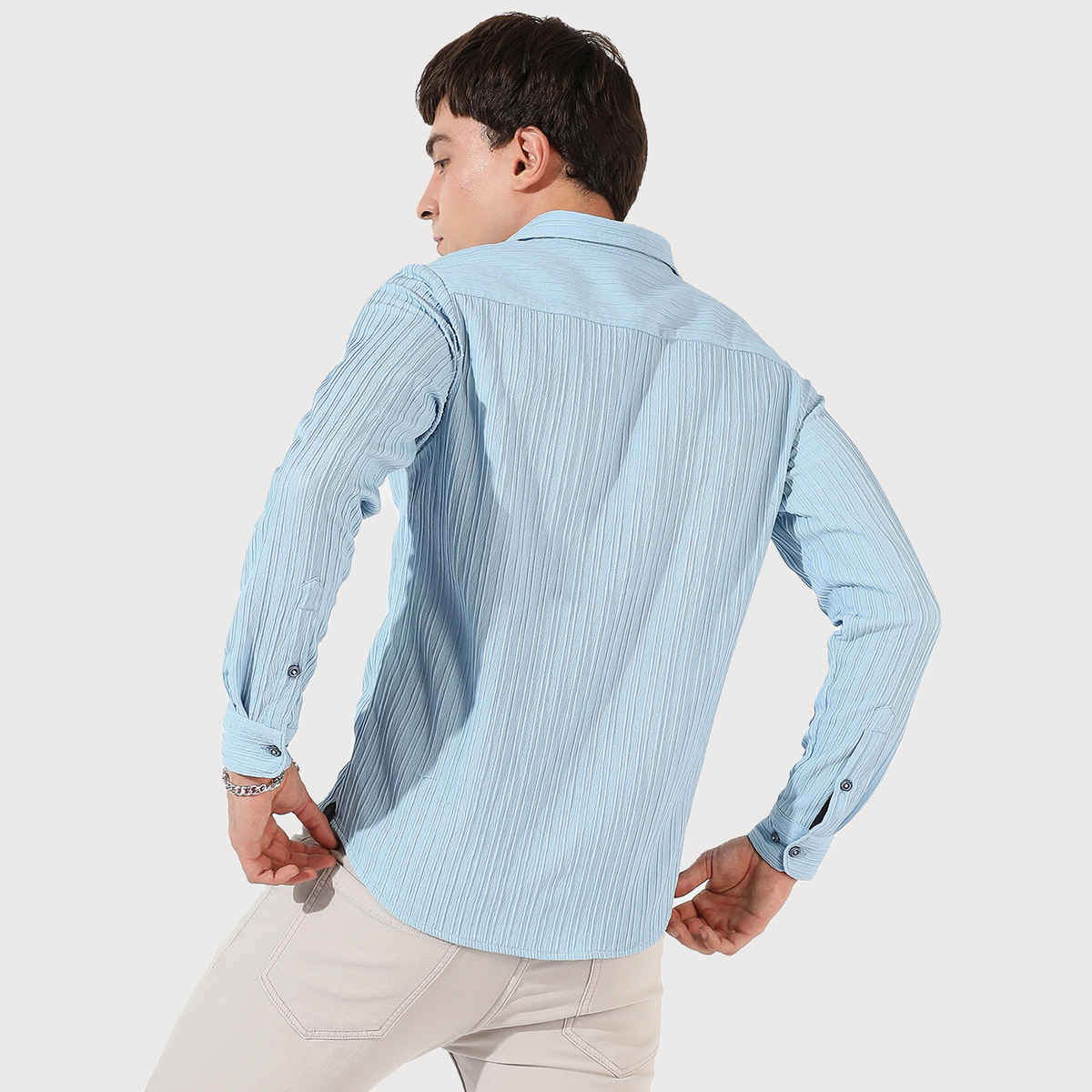 Campus Sutra Men's Polyester Blend Self-Design Striped Shirt | Blue | S