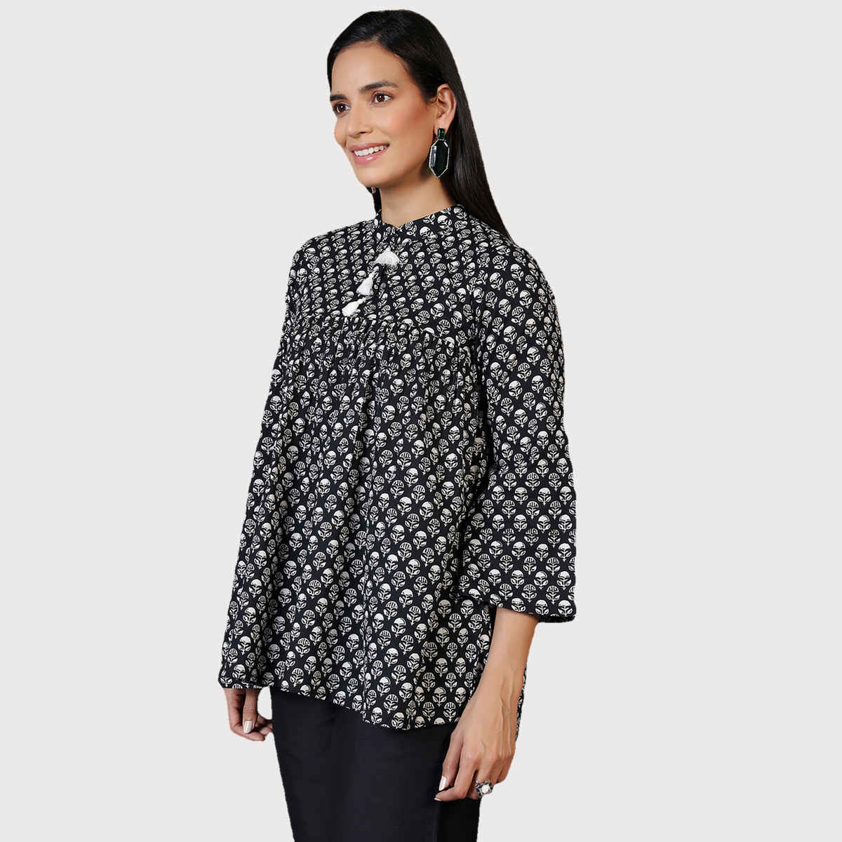 Libas Women's Printed Cotton A-Line Kurti | 29065 29065 | Black - S