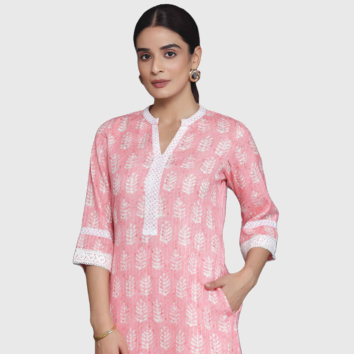 Libas Women's Printed Cotton Blend A-Line Kurta with Trousers | Peach - M