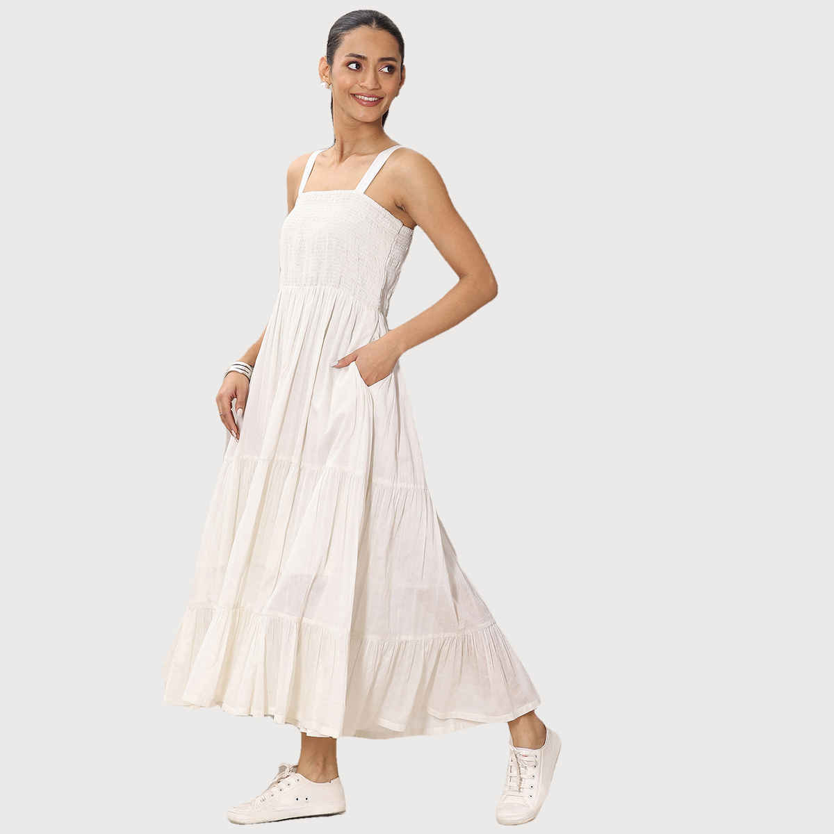 Libas Women's Solid Cotton Fit and Flare One Piece Dress | Off White - S