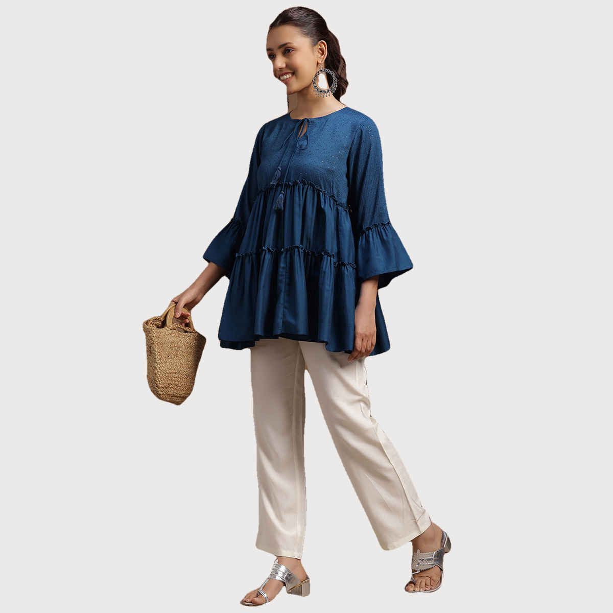 Libas Women's Embellished Silk Blend A-line Kurti | 29142 29142 | Blue - S