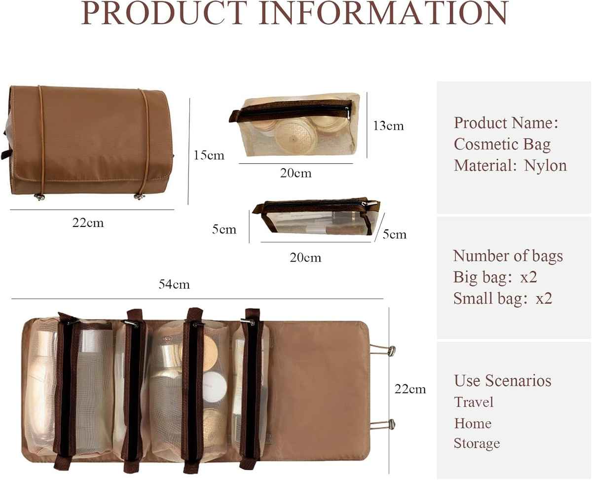 Awestuffs 4 in 1 Hanging Roll Up Toiletry Makeup Bag Waterproof Travel Organizer | Khaki