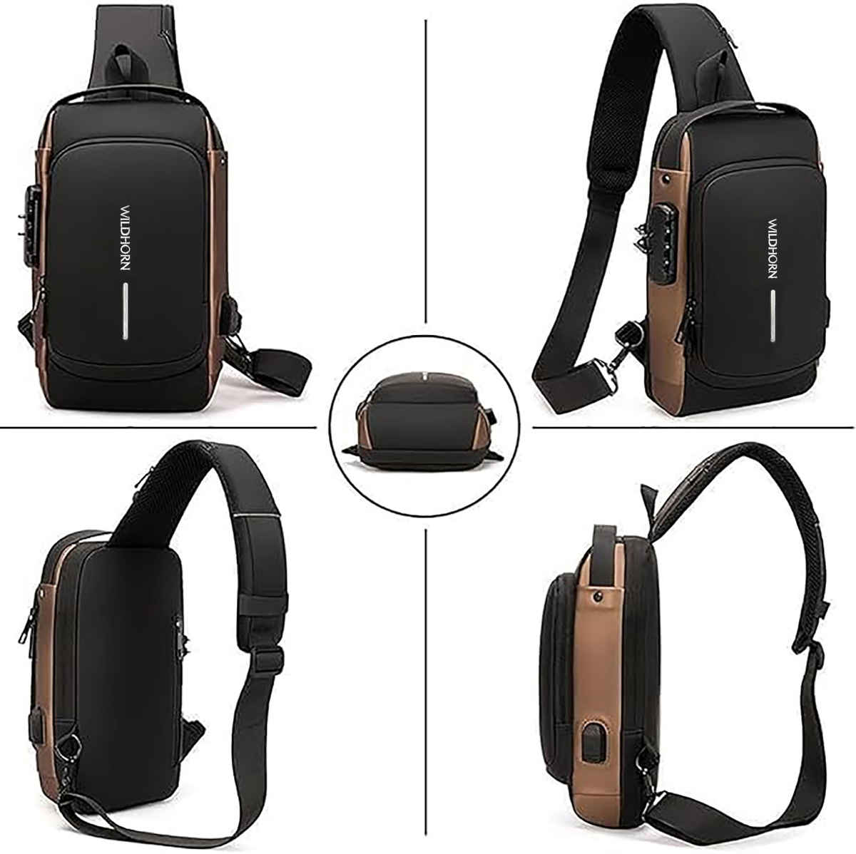 WILDHORN AeroShield Waterproof Sling Shoulder Bag with USB Charging Port | Adjustable |Gold & Black