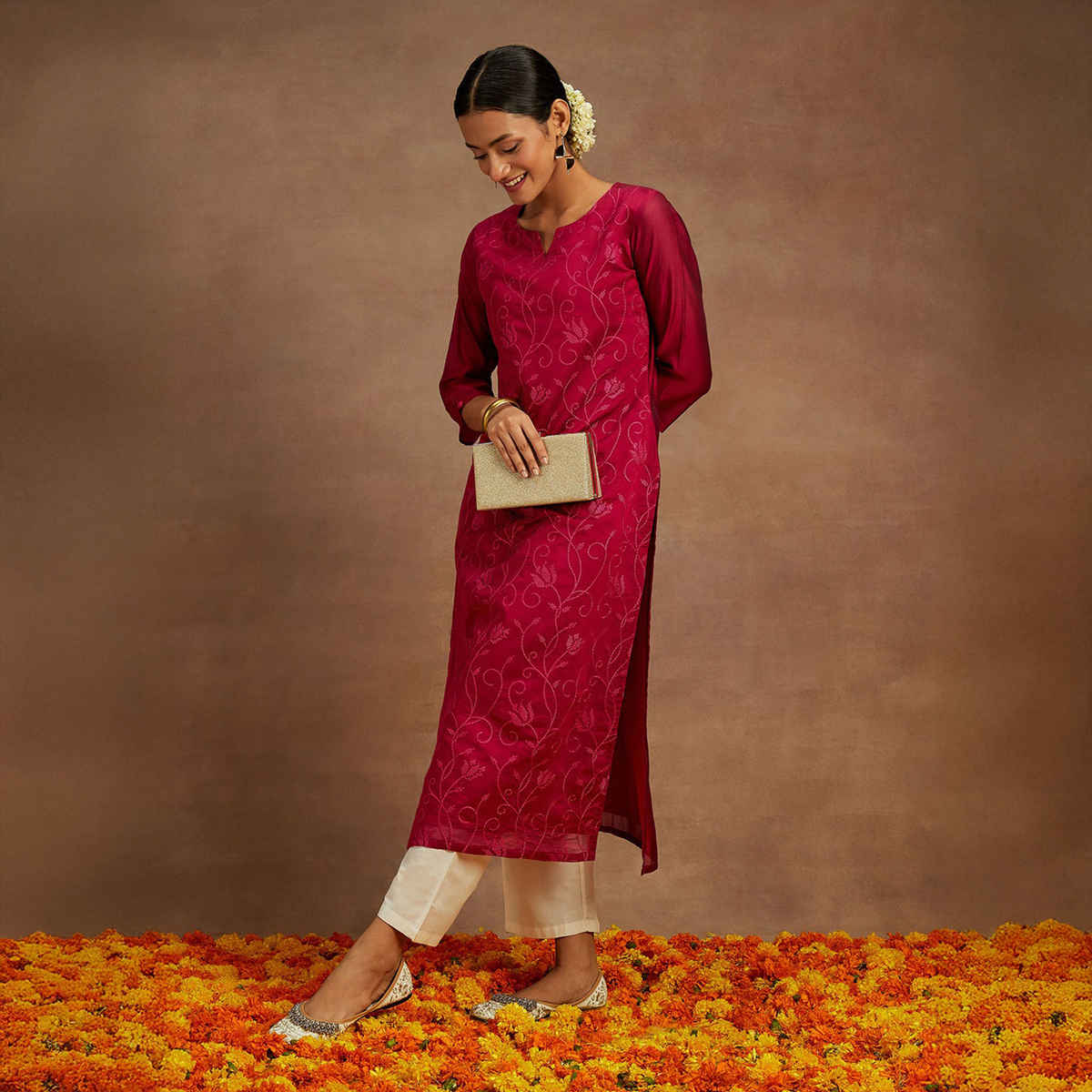 Libas Women's Embroidered Chanderi Silk Straight Kurta | Red - L