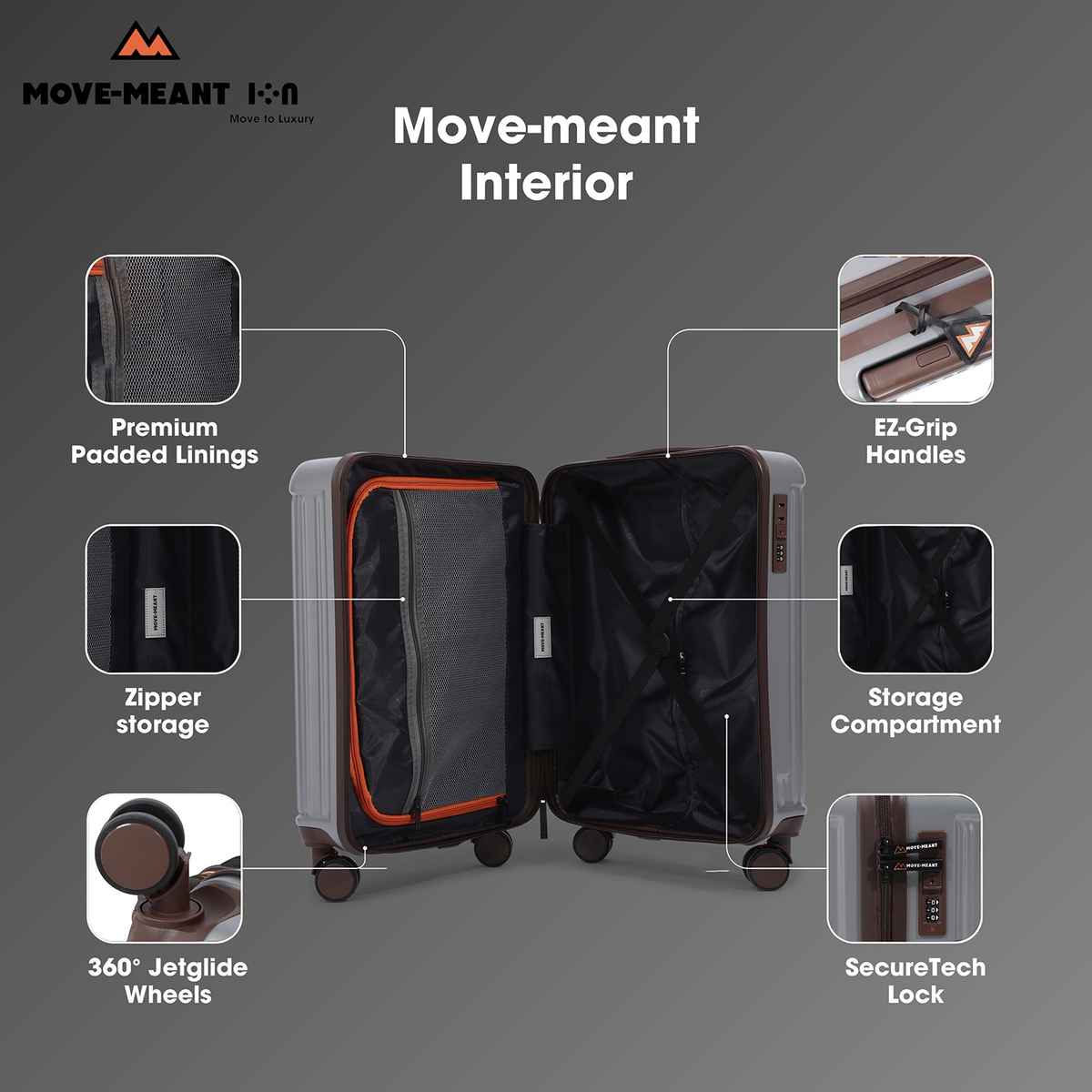 Move-Meant Travel Fun Cabin Suitcase Silver | 8 Wheels | Number Lock | Polycarbonate Travel Bag - 55 cm