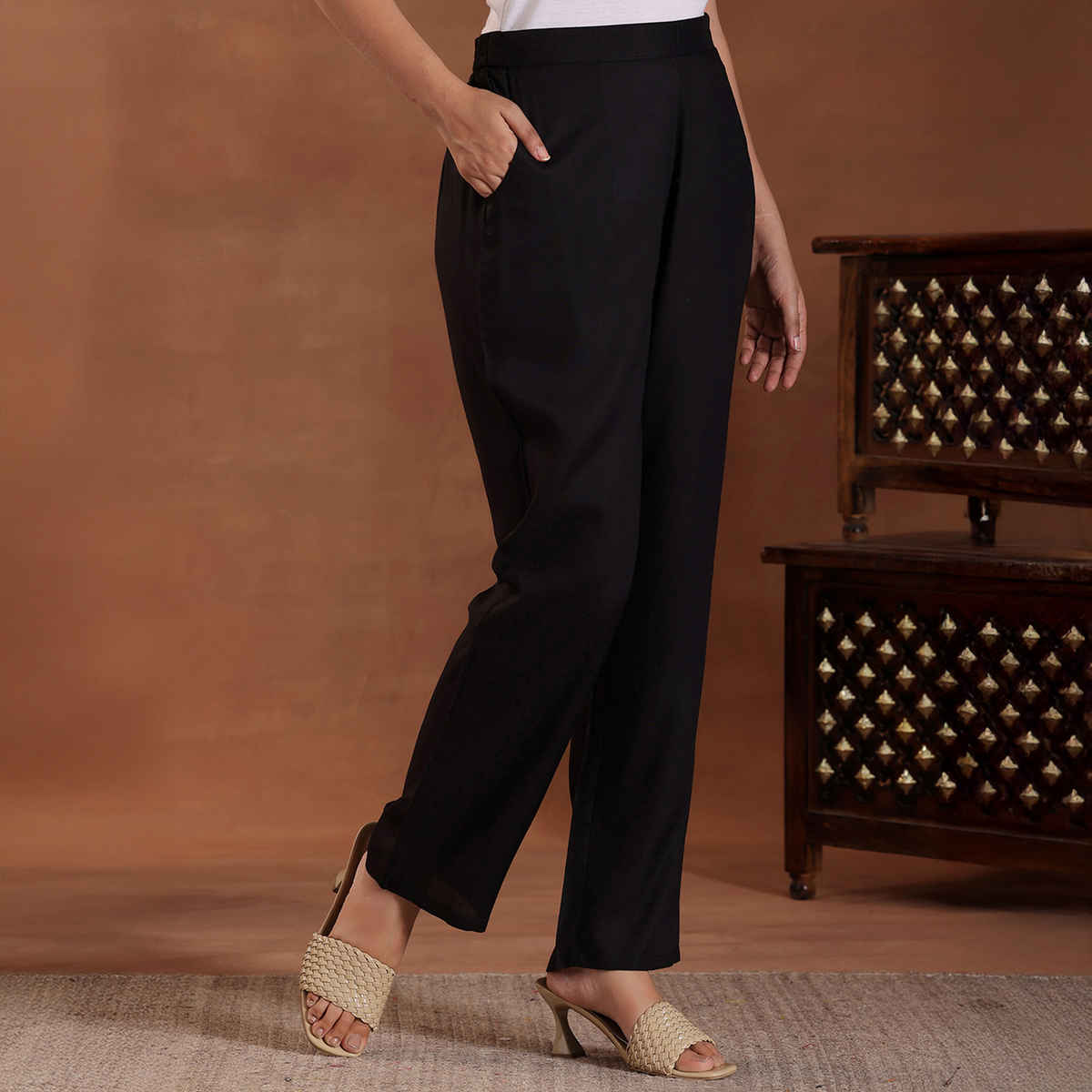 Libas Self Design Pure Viscose Rayon A-Line Kurta With Trousers | 27597H | Black - L