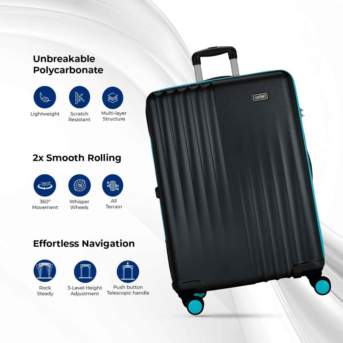 Safari Solid Polycarbonate 80 L Telescopic Trolley Bag | Black - 69 cm