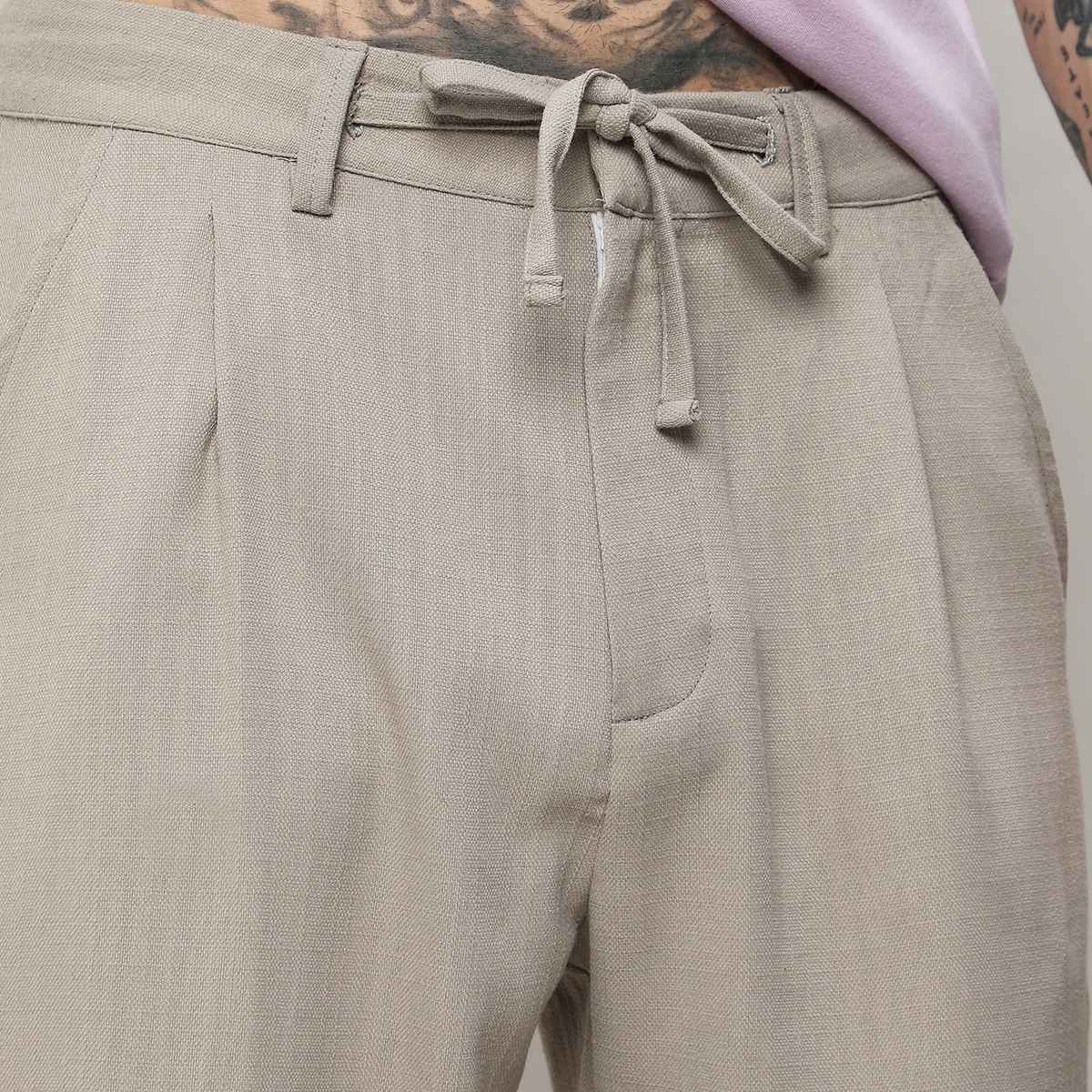 Campus Sutra Men's Tailored Linen-Blend Trousers | Beige - 34