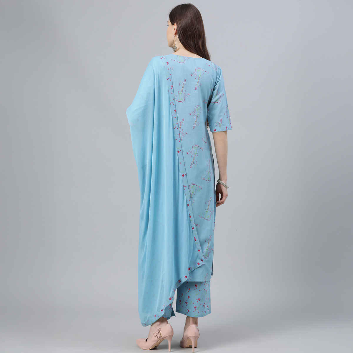 Libas Women's Printed Rayon Straight Kurta With Palazzos & Dupatta | Blue - M