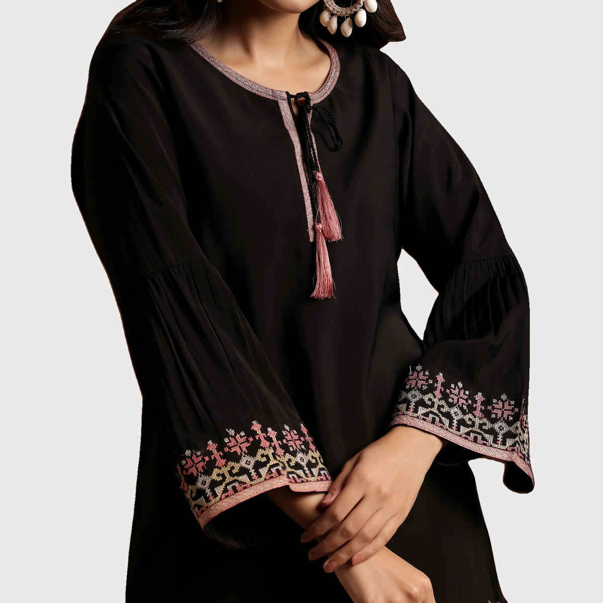 Libas Women's Ethnic Motif Embroidered Straight Kurti | 29180O | Black - M