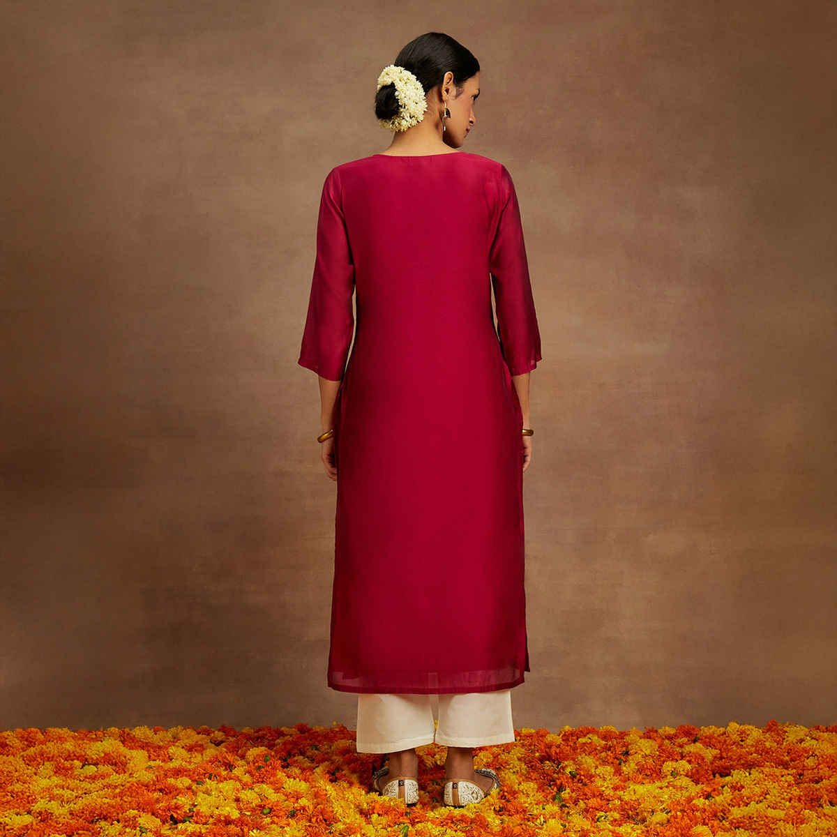 Libas Women's Embroidered Chanderi Silk Straight Kurta | Red - L