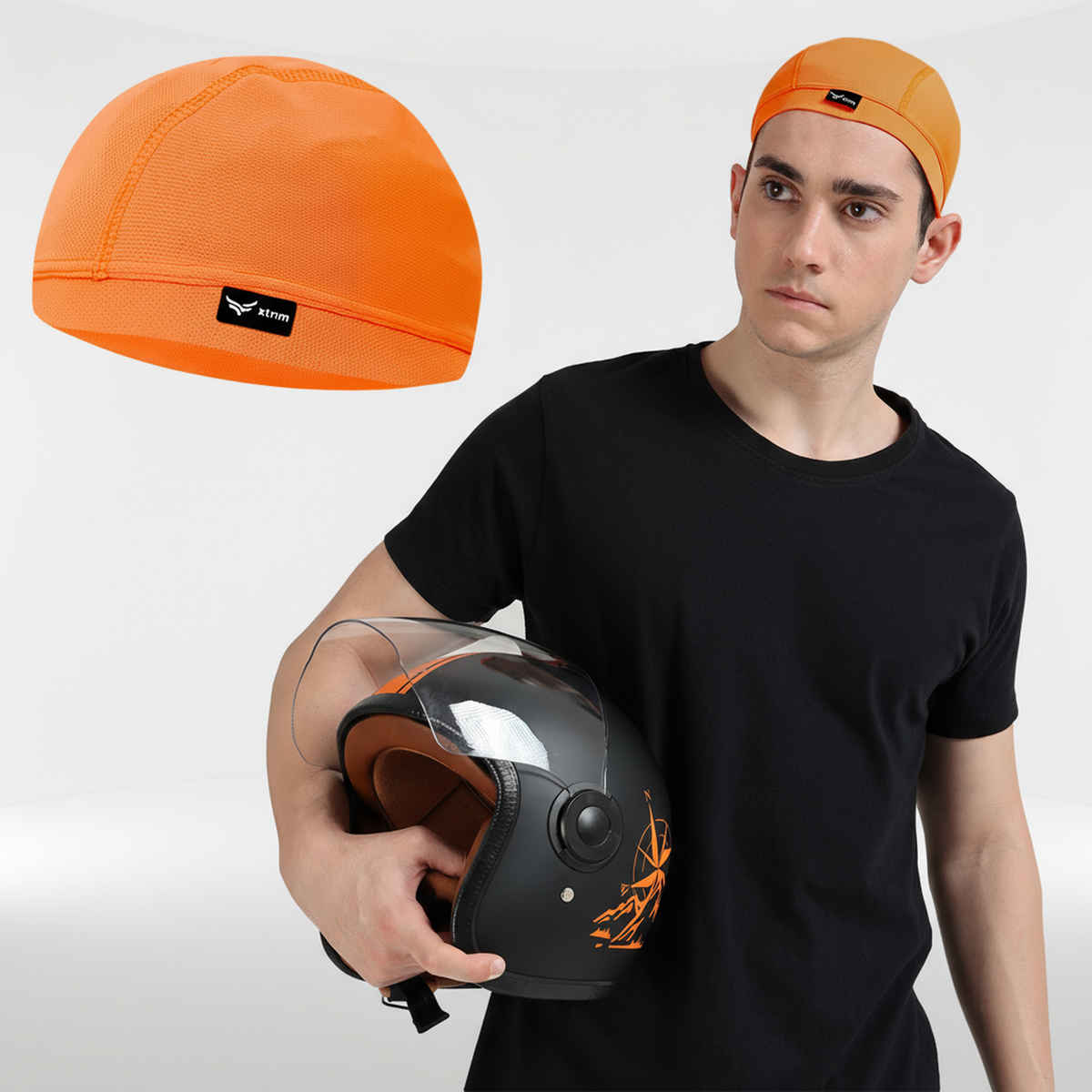 Xtrim Skull Cap for Bikers/ Cyclists, Inner Helmet Liner, Sweat Cooling | Orange - One Size