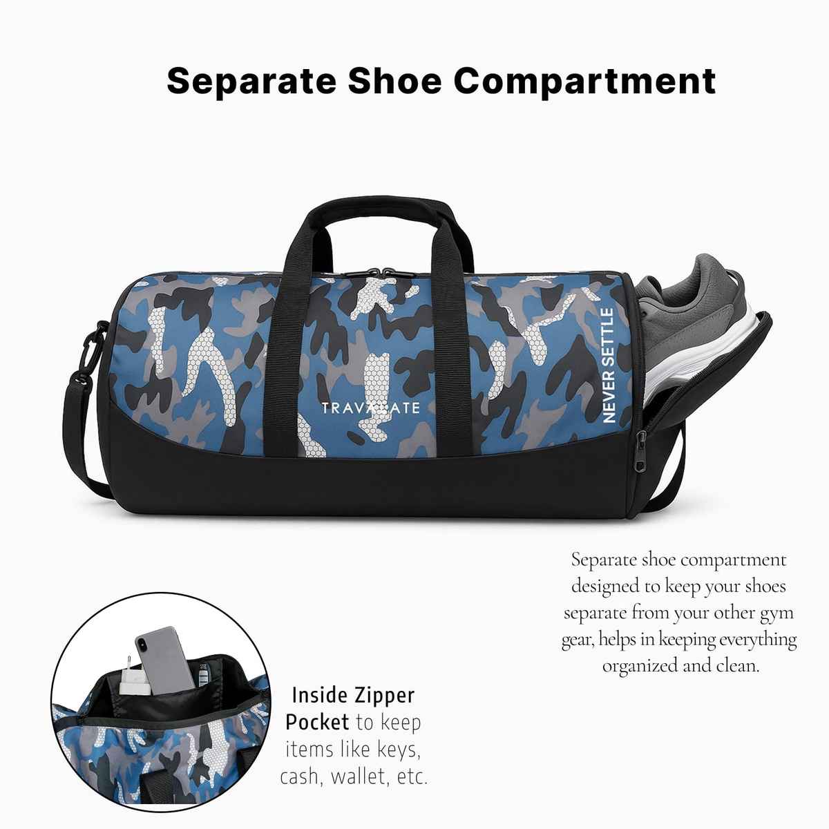 TRAVALATE Gym Bag with Separate Shoe Compartment | Military Blue - 30 L