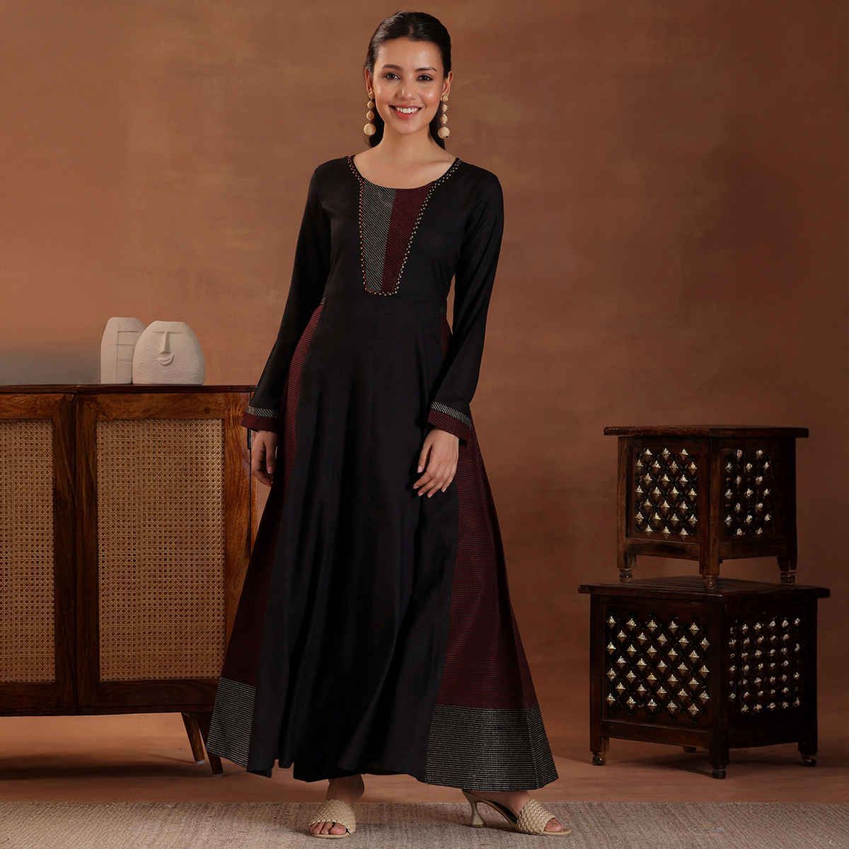 Libas Self Design Pure Viscose Rayon A-Line Kurta With Trousers | 27597H | Black - L