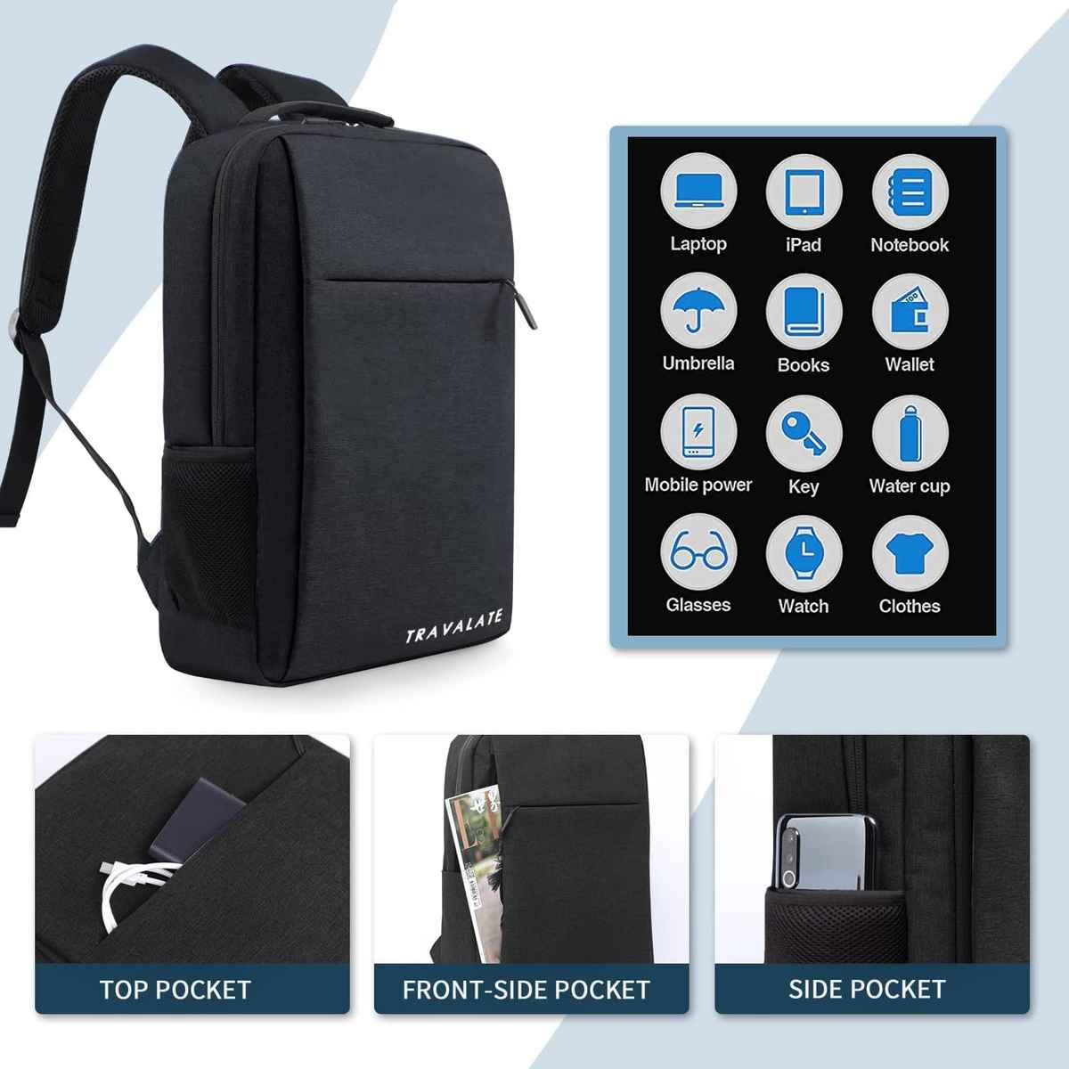 TRAVALATE Laptop Backpack with USB Charging Port | Black