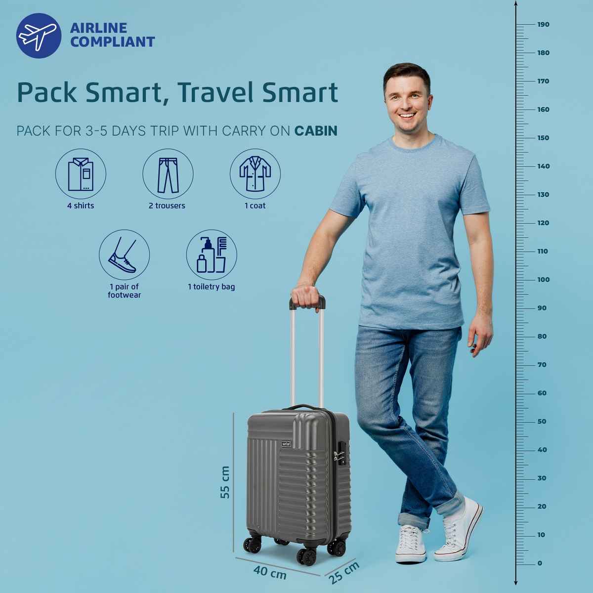 Safari Avancer Cabin Luggage, Hard Trolley Bag | Gun Metal