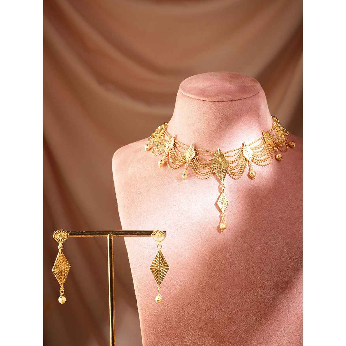 Rubans 22K Gold-Plated Multi-Strand Necklace Set with Leaf Motifs and Matching Drop Earrings