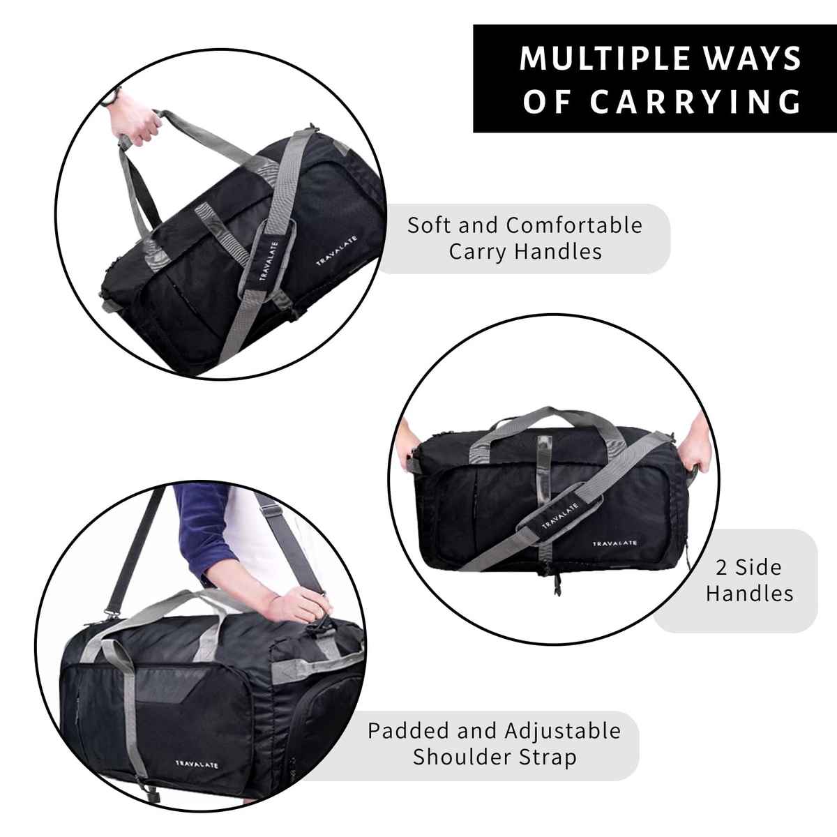 TRAVALATE Foldable Travel Polyester Duffle Bag with Separate Shoe Compartment | Black - 50 L