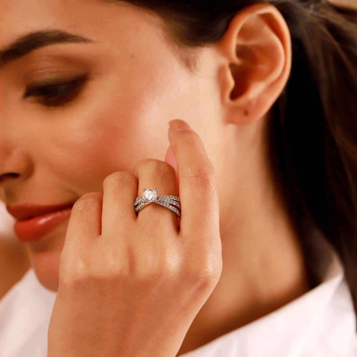 Voylla Valentines Day Celestial Triple-Band Silver Solitaire Ring