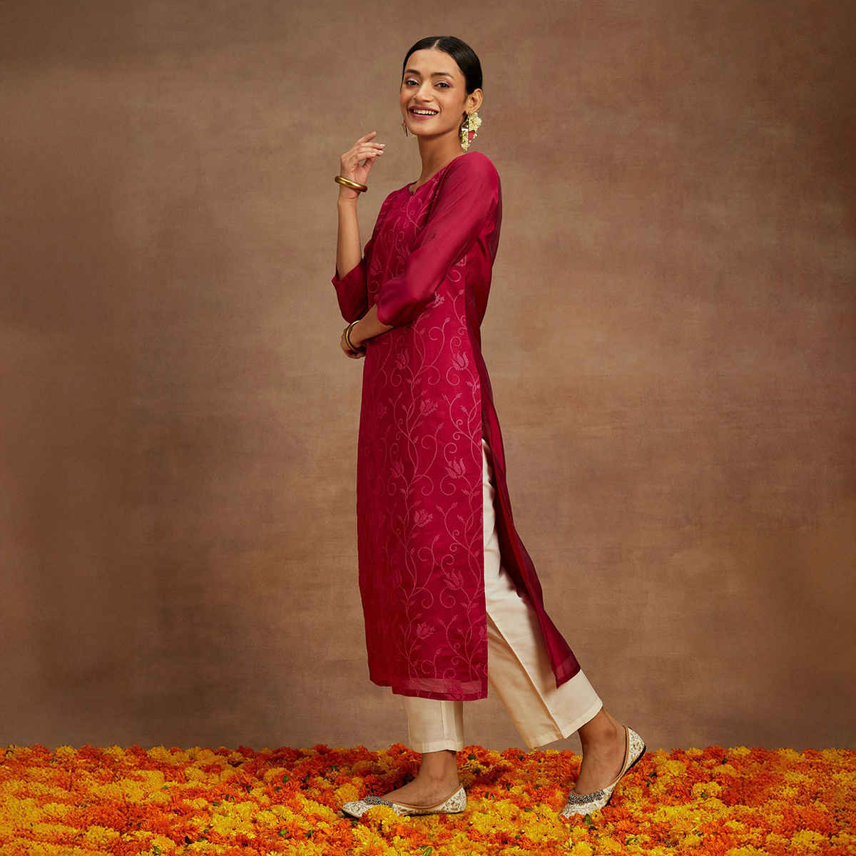 Libas Women's Embroidered Chanderi Silk Straight Kurta | Red - M