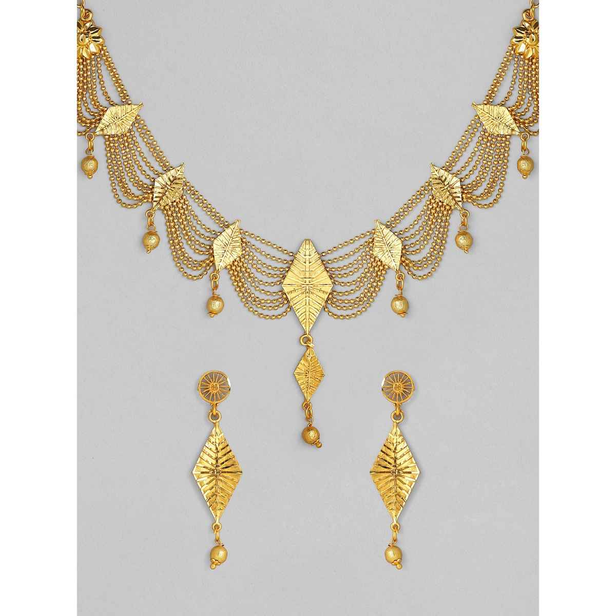 Rubans 22K Gold-Plated Multi-Strand Necklace Set with Leaf Motifs and Matching Drop Earrings