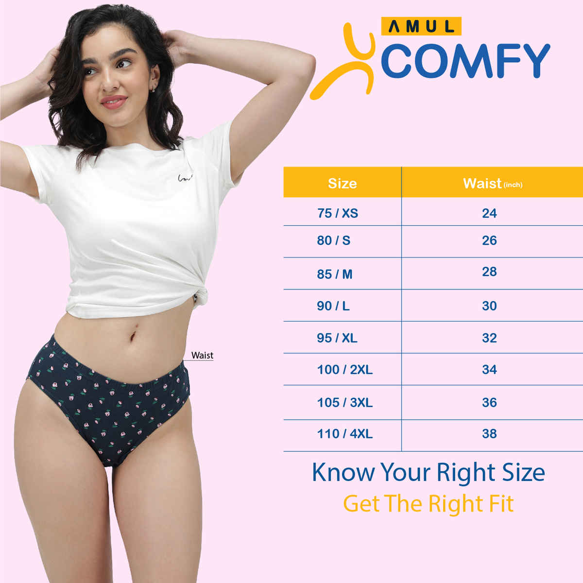 Amul Comfy Women's Cotton Printed Panty | Outer Elastic | Assorted - 80 cm