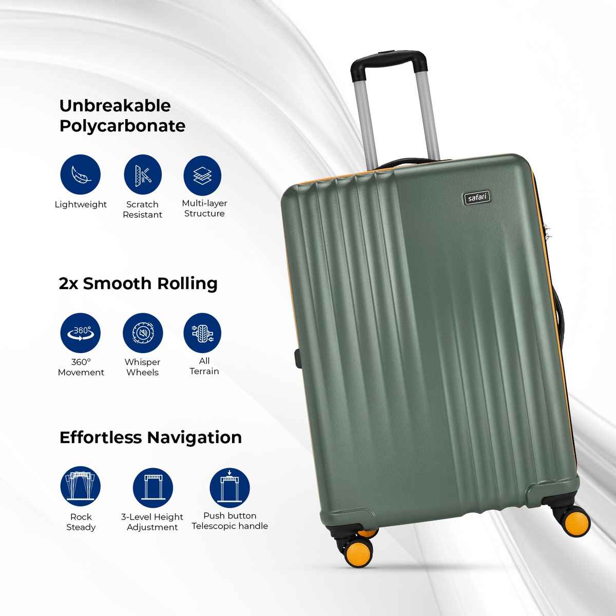 Safari Textured Polycarbonate 78 L Telescopic Trolley Bag | Thyme Green - M