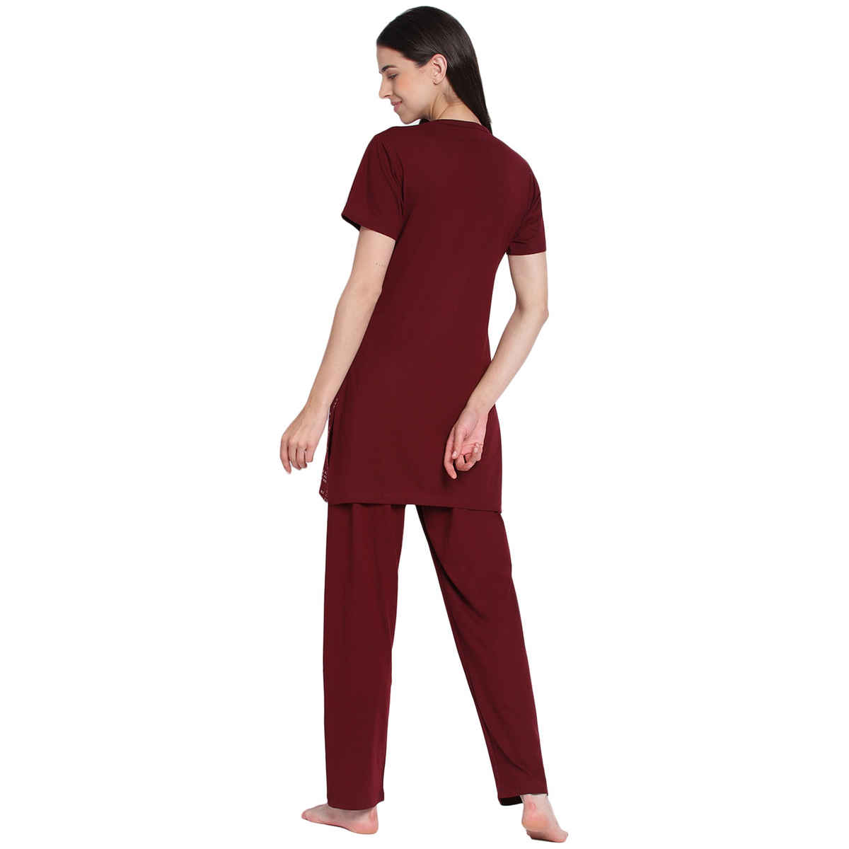 Duchess Women s Cotton Regular Fit Printed & Embroided Long Length Night Suit Set | Maroon | 3XL