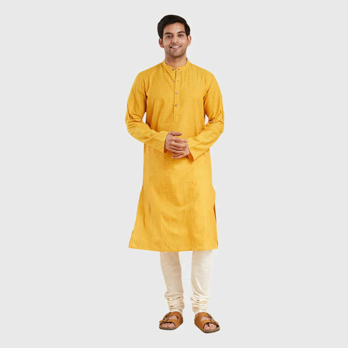 Fabindia Men's Long Kurta Cotton Dobby Slim Fit | Yellow - S