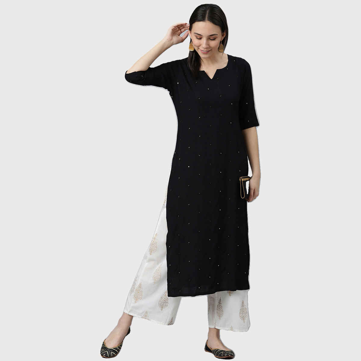 Libas Women Black Rayon Embroidered Mirror Work Straight Kurta - 12077OXL