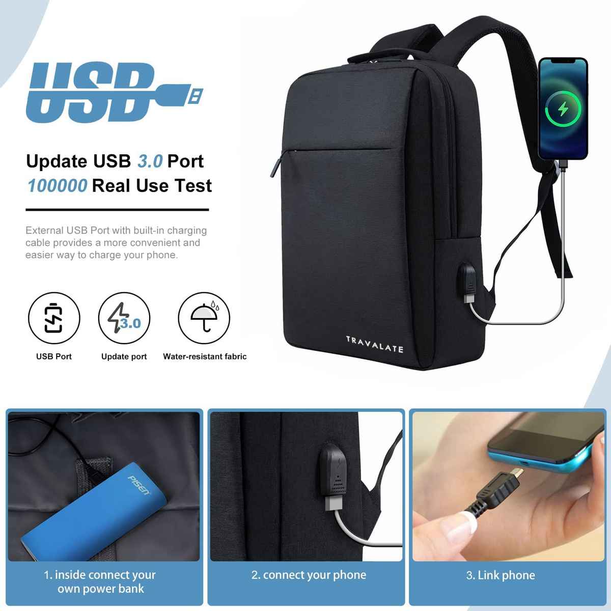 TRAVALATE Laptop Backpack with USB Charging Port | Black