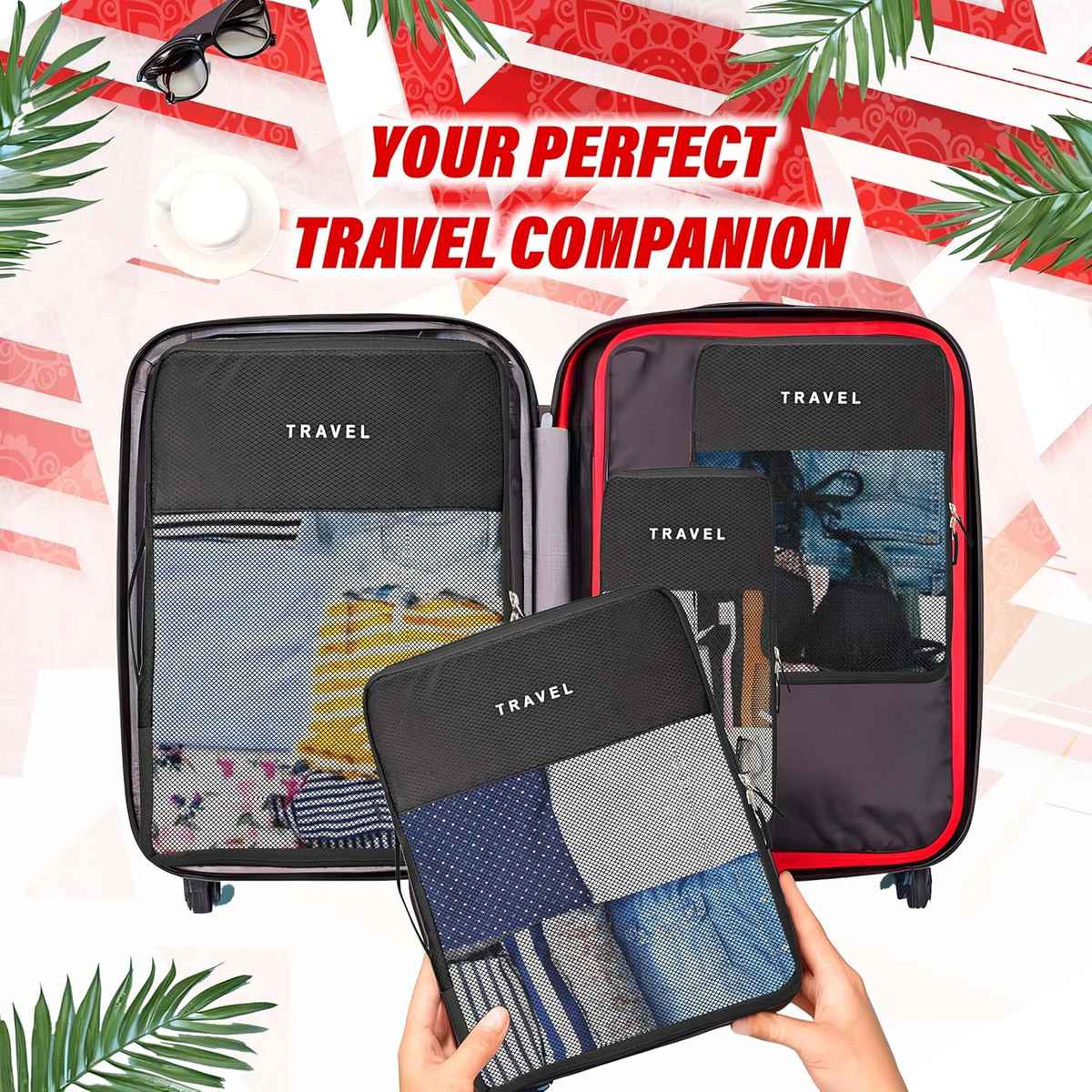 Kuber Industries Packing Cubes | Travel Mesh Suitcase Organizer Bags | Black