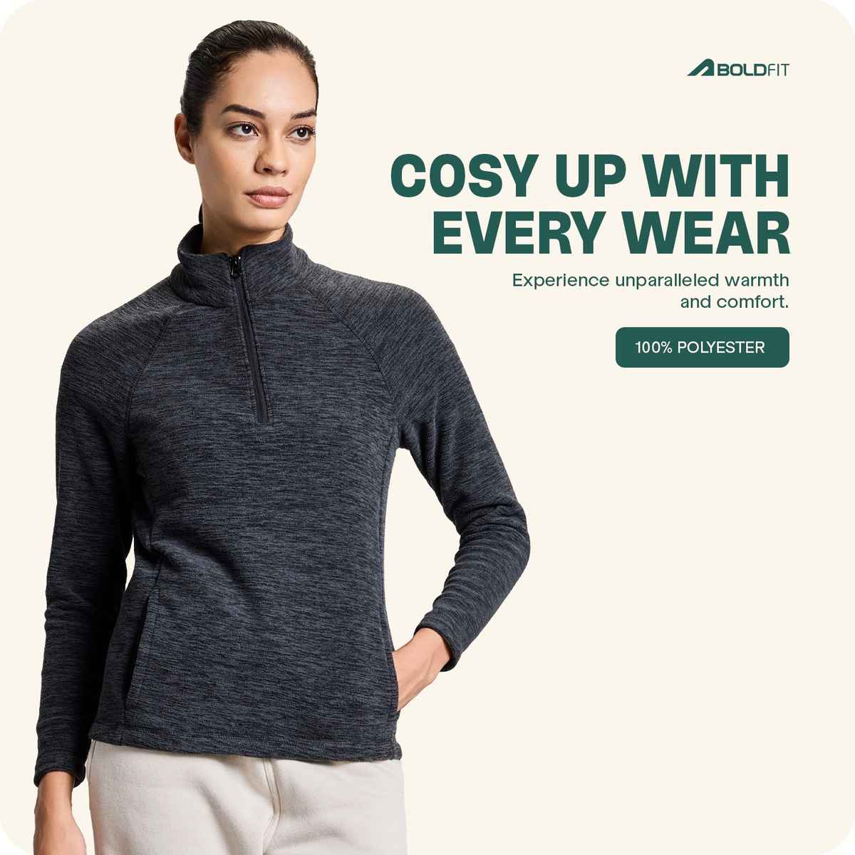 Boldfit Women's Sweatshirt Half Zipper Heavy Fleece Natural Insulation Anti Pilling | Grey - M