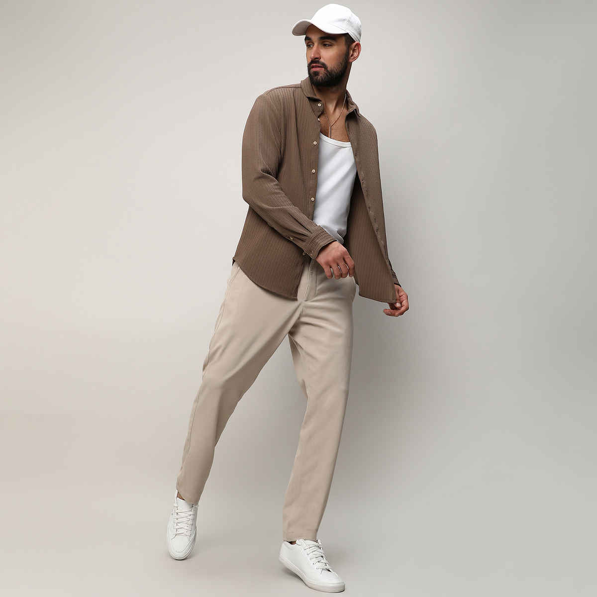 Campus Sutra Men's Polyester Stripe-Creased Shirt | Brown | XL