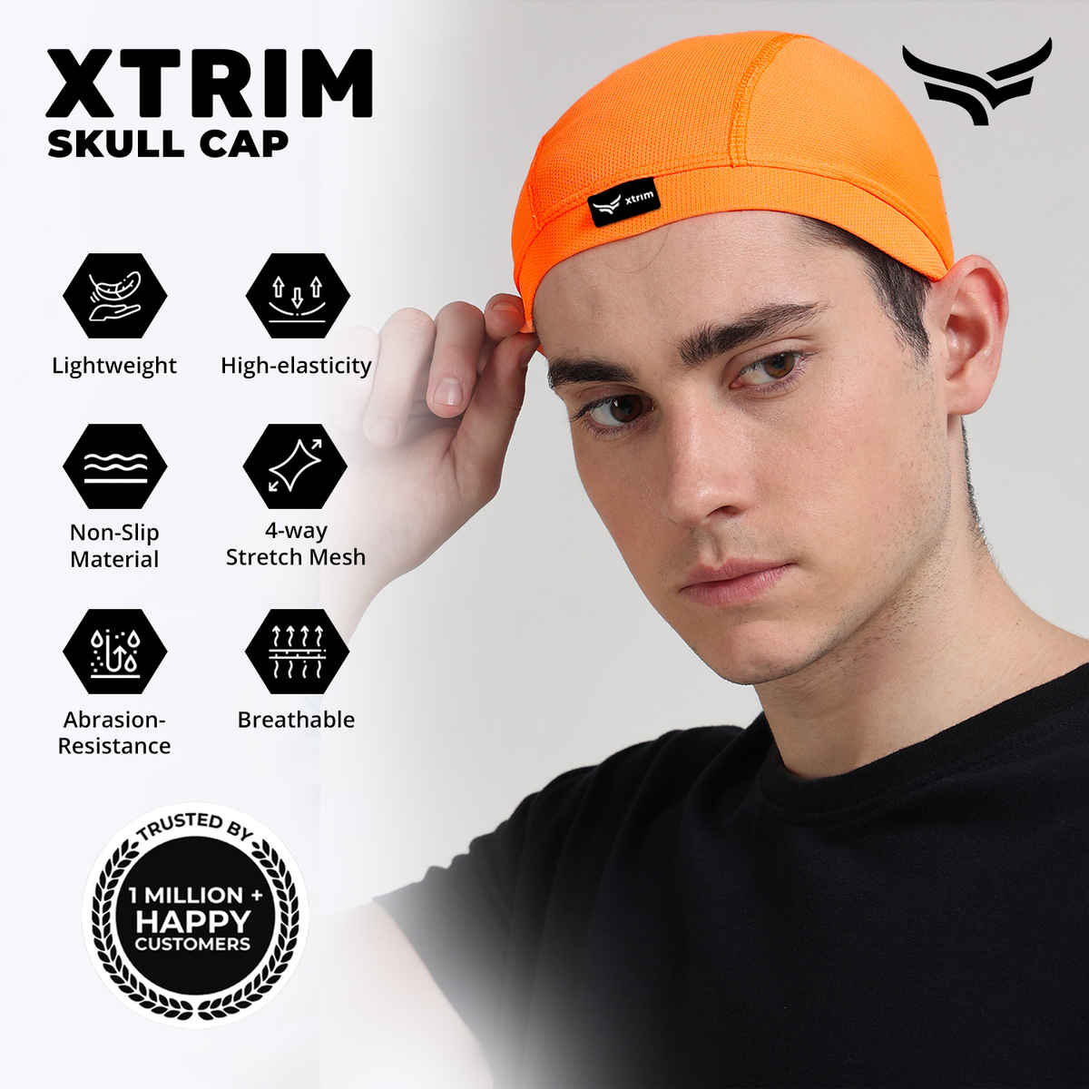 Xtrim Skull Cap for Bikers/ Cyclists, Inner Helmet Liner, Sweat Cooling | Orange - One Size