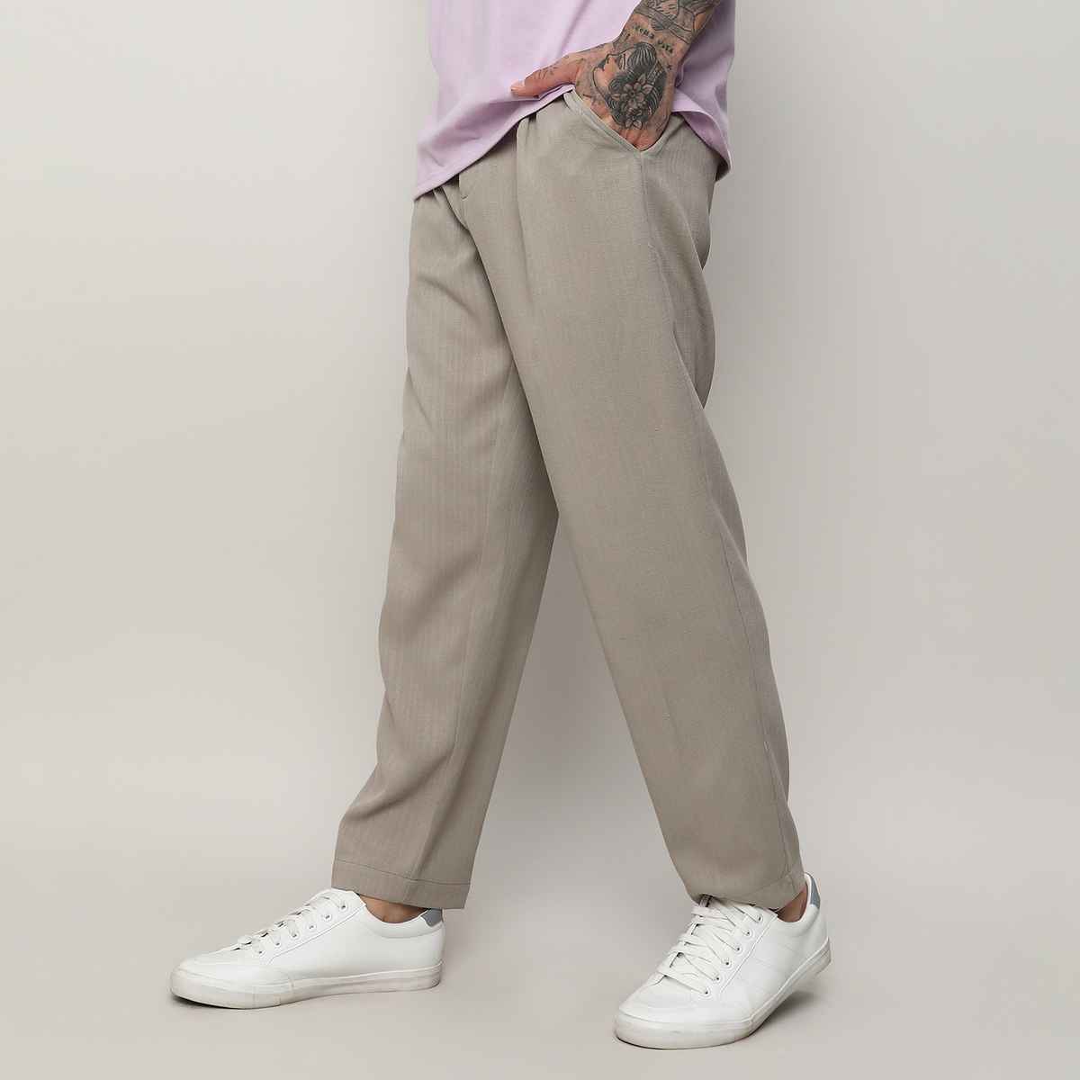 Campus Sutra Men's Tailored Linen-Blend Trousers | Beige - 34