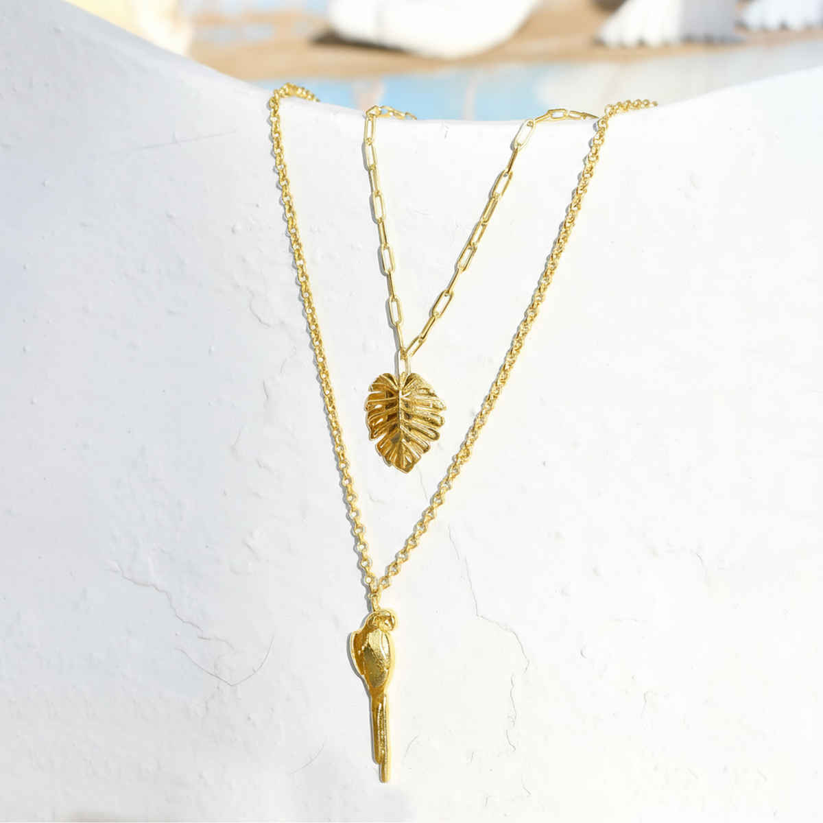 Voylla Hawaii Double-Layered Monstera And Tropical Bird Necklace