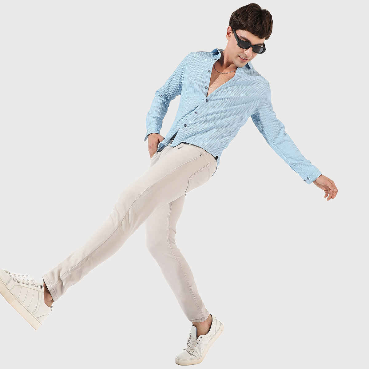 Campus Sutra Men's Polyester Blend Self-Design Striped Shirt | Blue | S