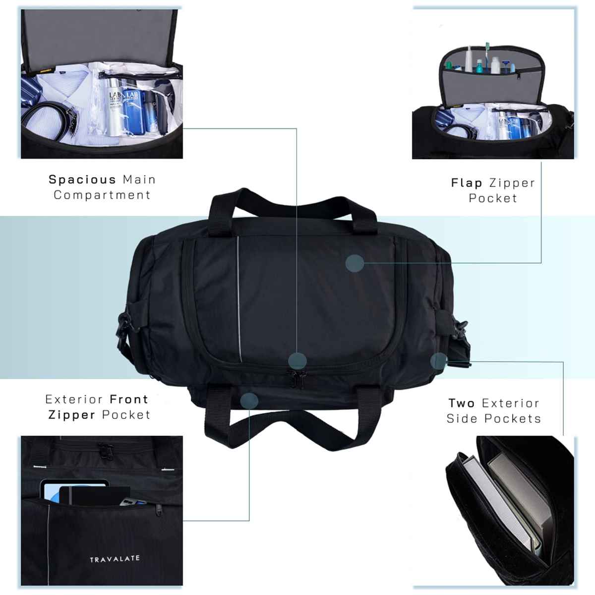 TRAVALATE Polyester Travel Duffle Luggage Bag | Multi Pocket Ultra-Light | Black - 45 L