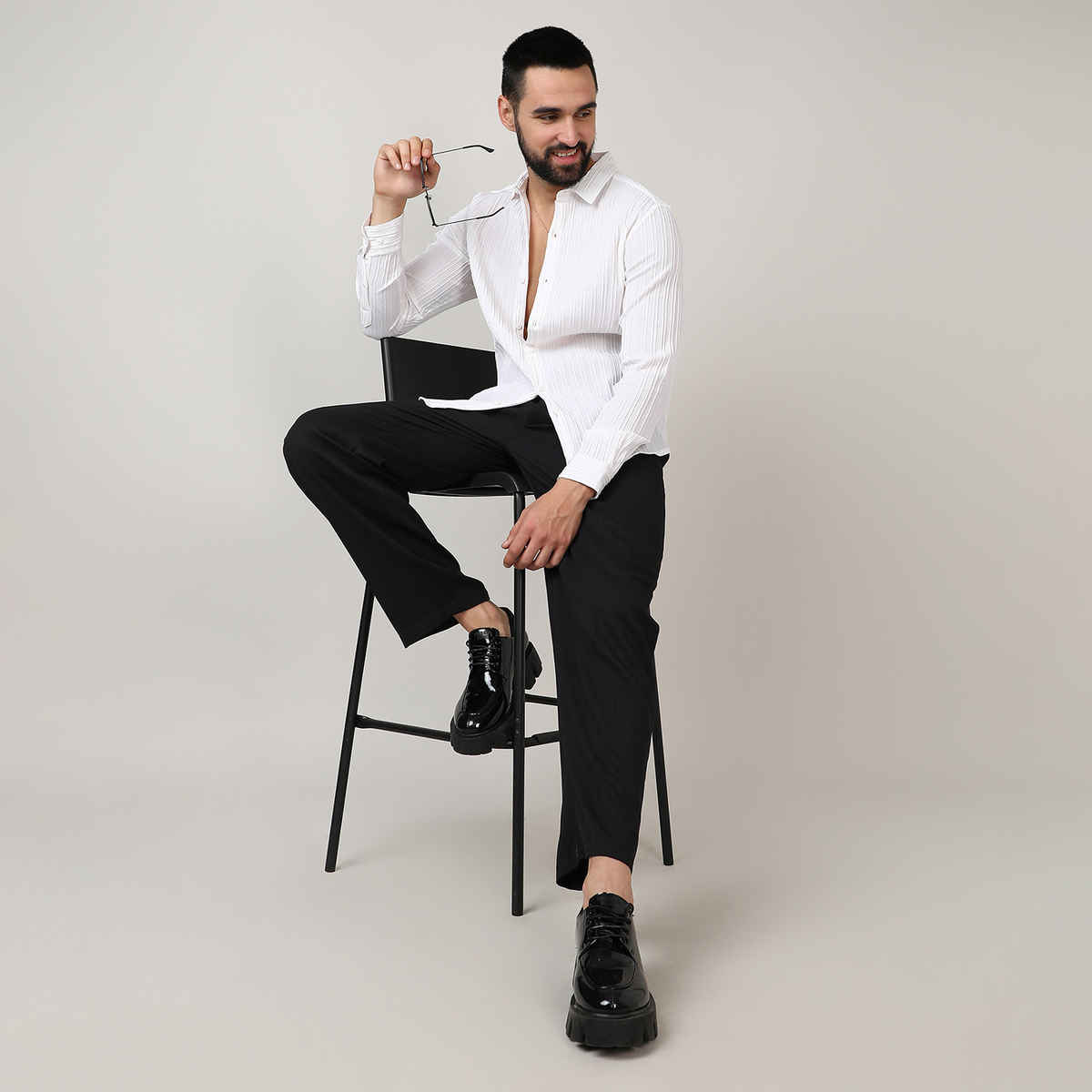 Campus Sutra Men's Self - Design Striped Shirt | White - L