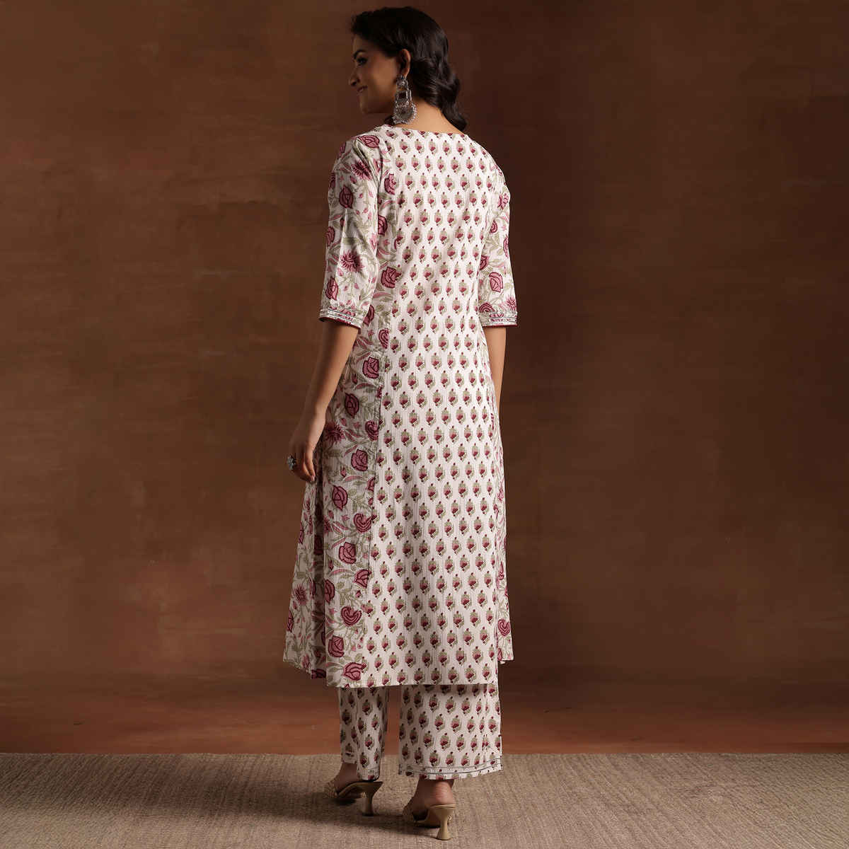 Libas Women's Printed Cotton A-Line Kurta With Palazzos | Off white - L