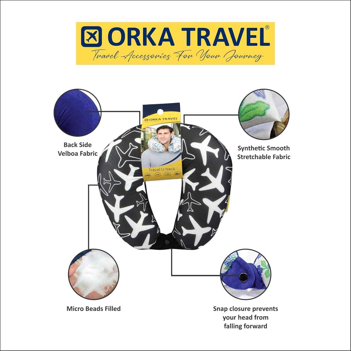 Orka Travel Digital Printed Microbeads U Neck Pillow |Planes Black