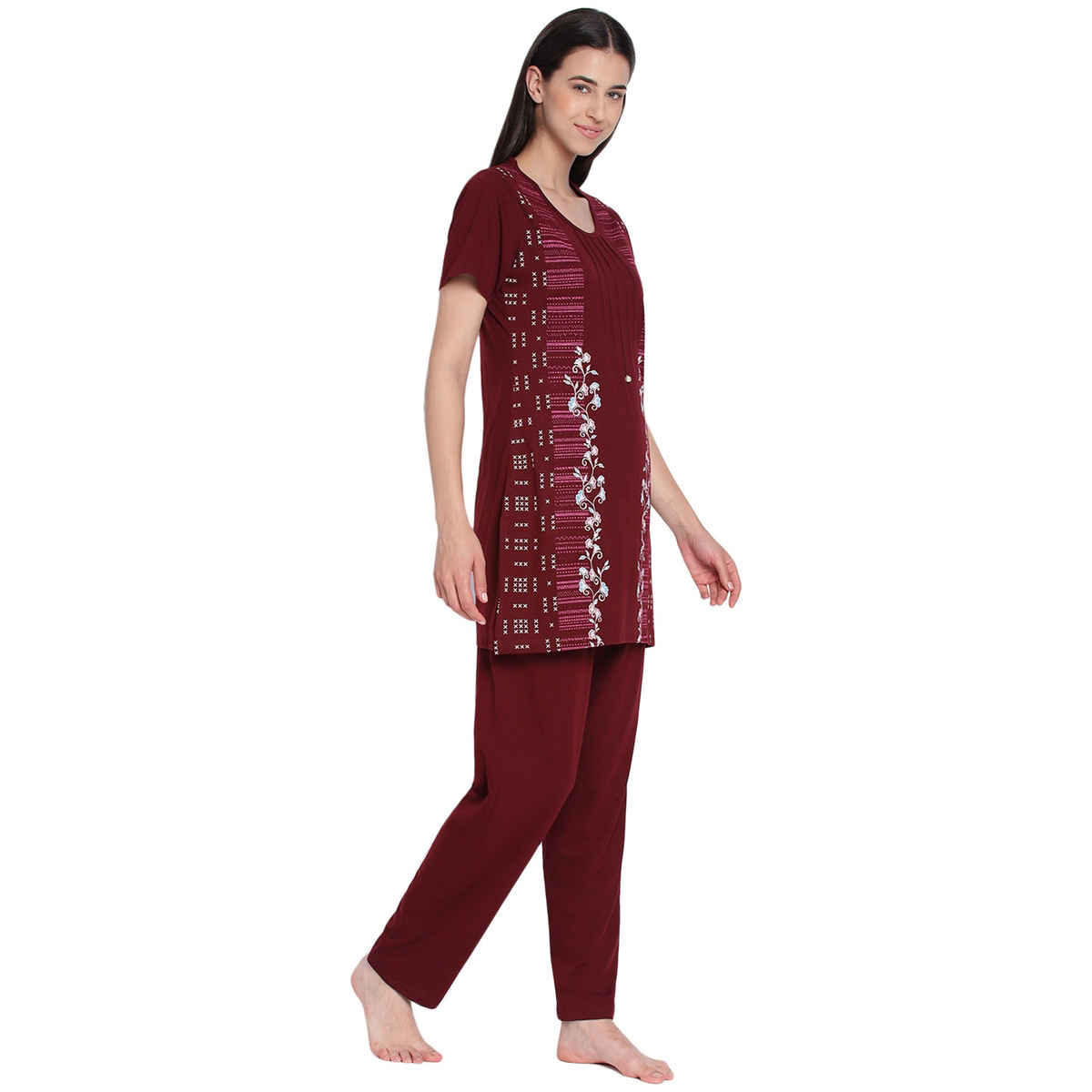Duchess Women s Cotton Regular Fit Printed & Embroided Long Length Night Suit Set | Maroon | 3XL