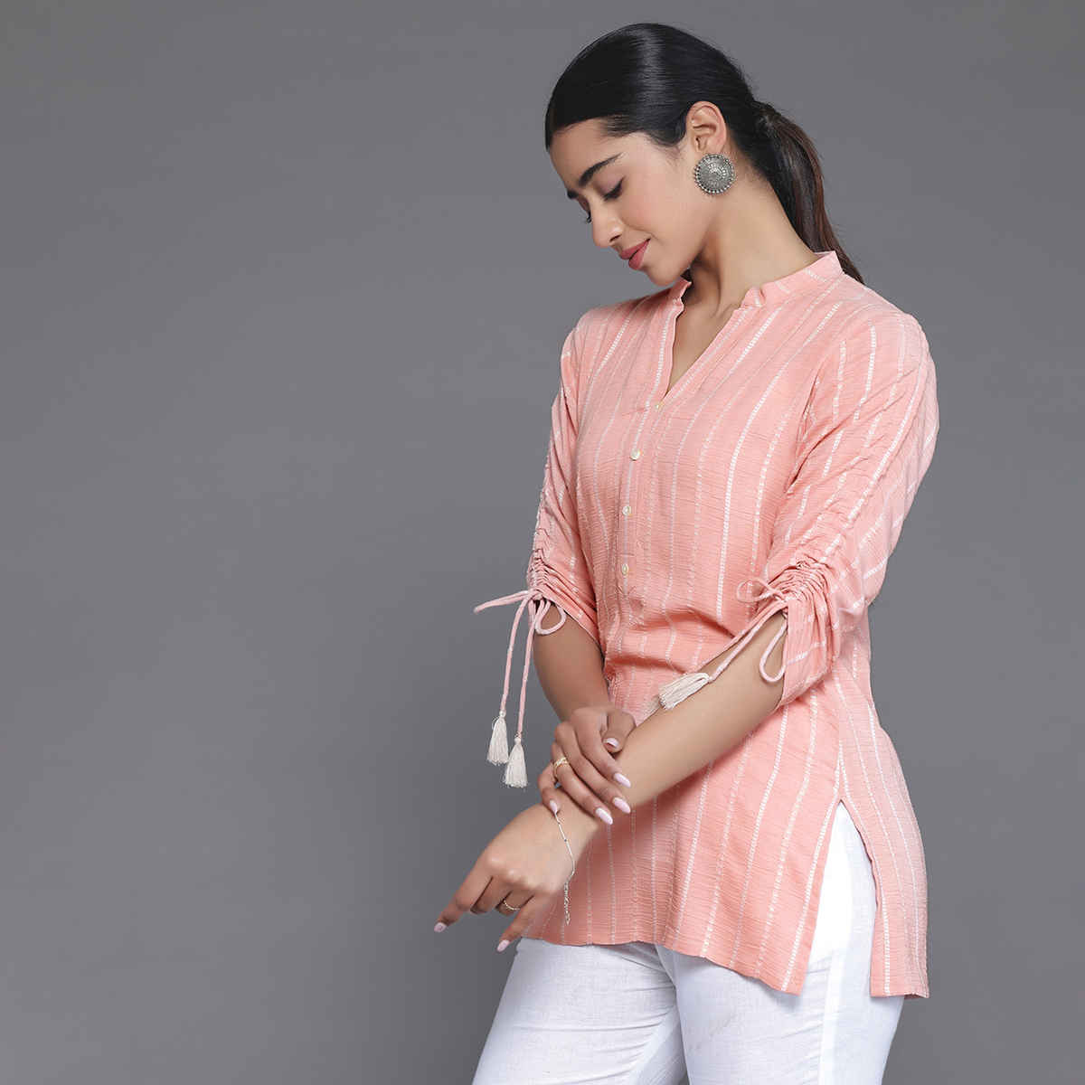 Libas Women's Cotton Blend Self Design Kurti | 26903 | Peach - L
