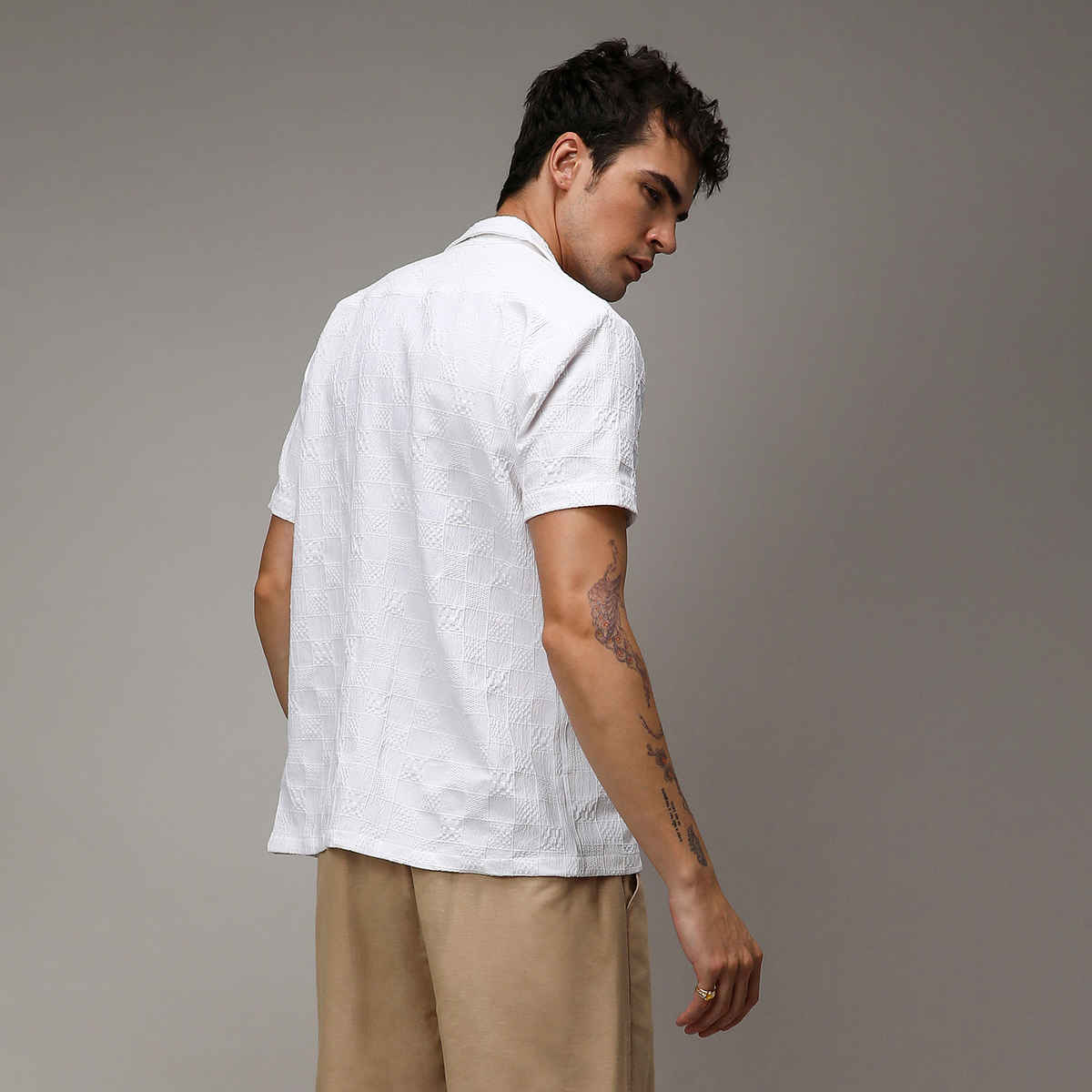 Campus Sutra Men's Creased Check Shirt | White - L