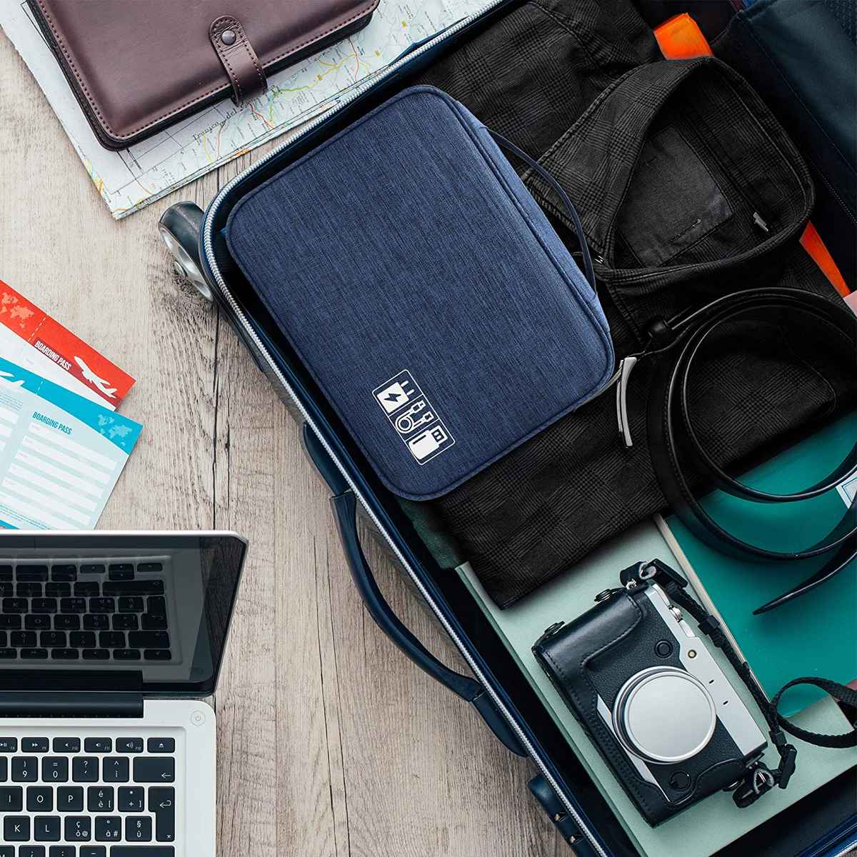 Awestuffs Gadget Organizer for Electronics Accessories, Cables, Phones | Navy Blue