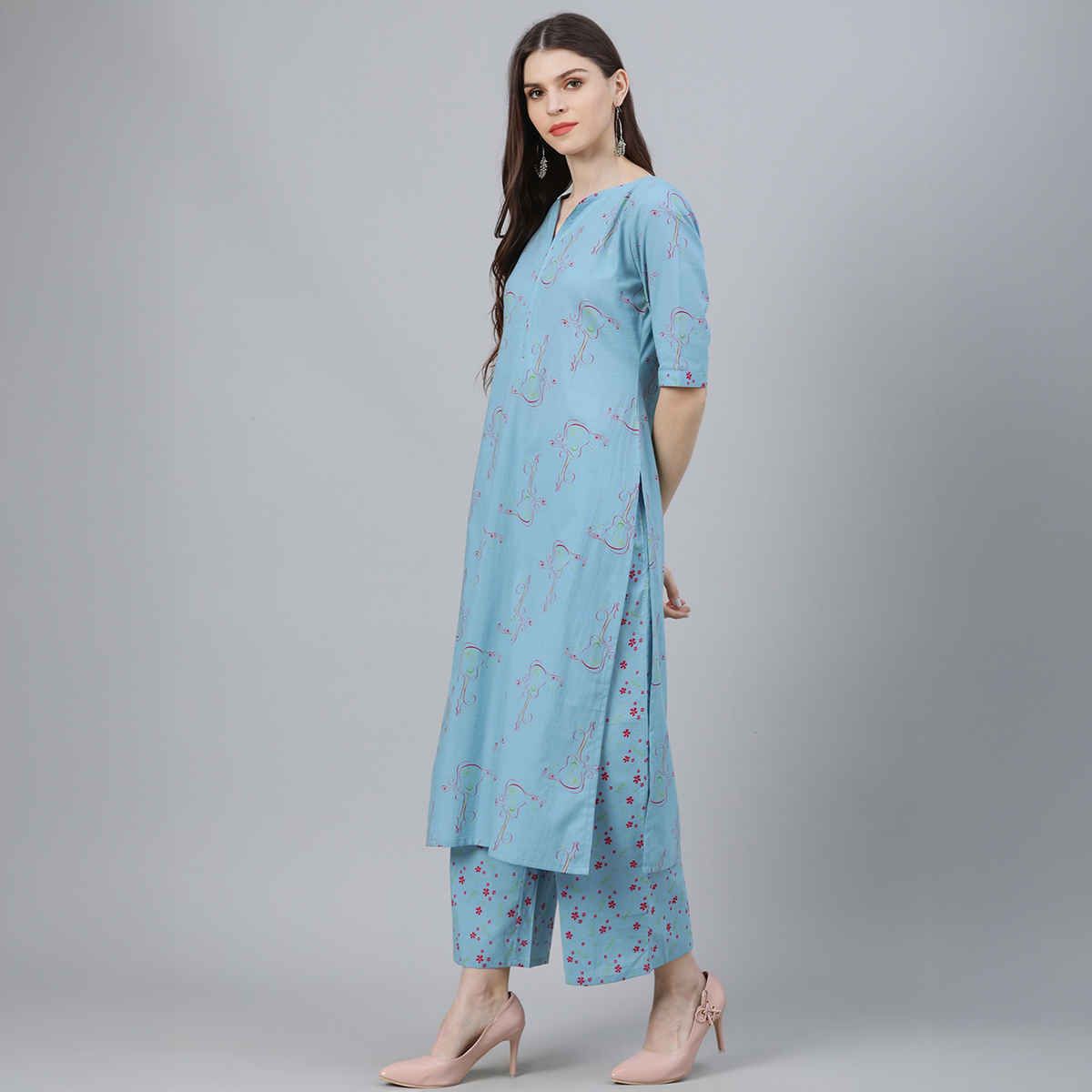 Libas Women's Printed Rayon Straight Kurta With Palazzos & Dupatta | Blue - M
